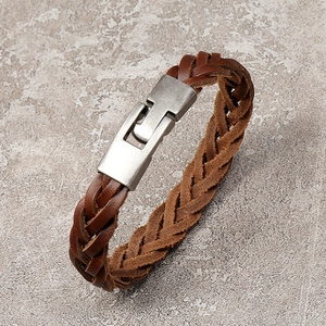 Classic men's brown braided leather bracelet with a sturdy brushed metal clasp buckle