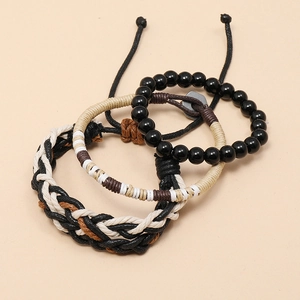 Three-piece bohemian beaded and braided rope bracelet set for men in neutral tones