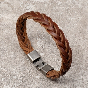 Brown braided leather bracelet with vintage metal buckle for men and casual styles