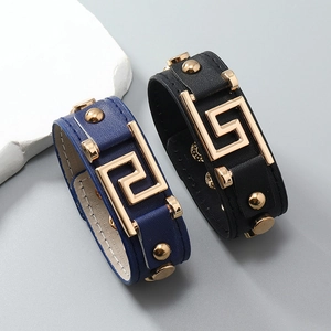 Men punk leather bracelet with gold rivets and geometric patterns in black and blue