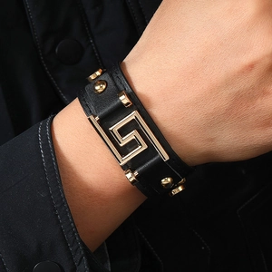 Men's punk leather bracelet featuring gold geometric hardware and rivet accents