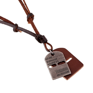 Vintage Men Brown Cowhide Leather Necklace With Silver Alloy Dog Tag Pendant Retro Punk Adjustable Woven Cord Neck Jewelry For Men