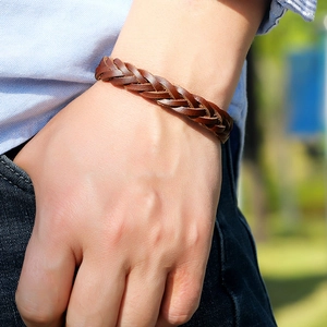 Handmade brown braided leather bracelet with multi-layer wrap design for men