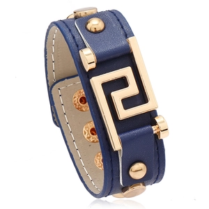 Men Punk PU Alloy Iron Bracelet Wide Geometric Greek Key Pattern Gold Rivet Bangle Fashion Rock Wristband Jewelry