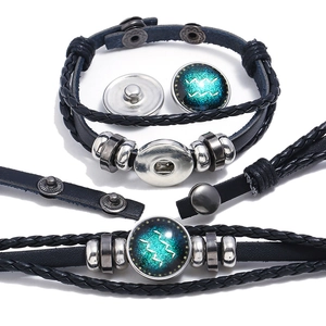 Retro Punk Hand-Woven Twelve Zodiac Sign Leather Bracelet Multi-Layered Cowhide Alloy Glass Bead Bracelet For Men Women