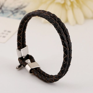 Minimalist double-strand black braided PU leather bracelet with silver metal clasp and rings