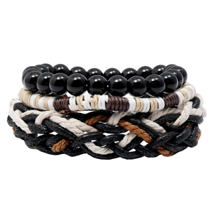 Three-piece men's braided rope and black bead bracelet set in vintage style