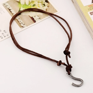 Punk brown leather necklace with vintage silver S-hook pendant for men and women
