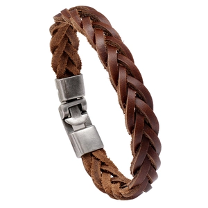 Men's Braided Cowhide Leather Bracelet With Alloy Metal Clasp Brown Retro Punk Style Casual Wristband Fashion Jewelry