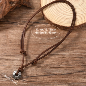 Adjustable brown leather necklace with vintage silver ring pendant for men and women