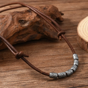 Retro adjustable dark brown leather necklace with vintage textured metal beads for men