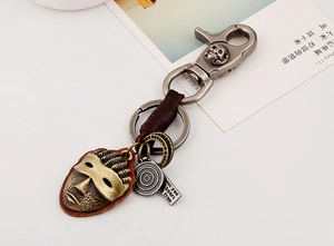 Detail of vintage skull keychain with alloy mask and brown leather strap on desktop
