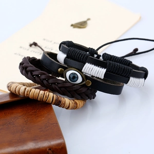 Retro set of 4 leather and wood bead bracelets featuring a blue evil eye charm