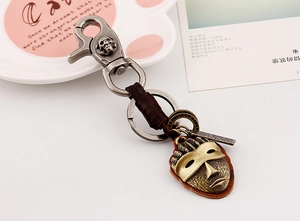Detail view of retro alloy skull pendant with vintage woven leather keychain components