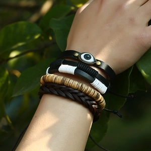 Bohemian multilayer braided leather bracelet set with evil eye charm and wooden beads