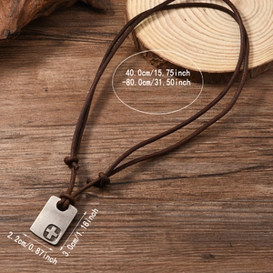 Men's retro cross pendant necklace with adjustable brown leather cord and metal plate