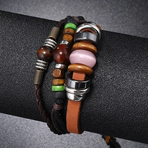 Bracelet multicouche en cuir fait main avec perles style bohème pour hommes et femmes