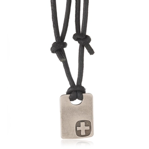 Retro cross pendant necklace with black leather cord and matte silver square charm