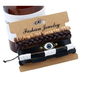 Retro four-piece braided leather bracelet set with evil eye charm and wooden beads