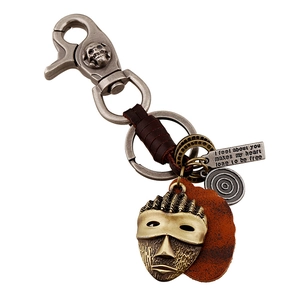 Retro Punk Cowhide Leather Keychain Skull African Mask Pendant Vintage Metal Braided Key Ring For Men Waist Hanging