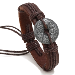 Vintage Cowhide Leather Hand-woven Men Bracelet Alloy Tribal Totem Charm Adjustable Punk Boho Ethnic Jewelry Wristband Gift