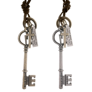 Collana con Pendente a Chiave in Lega e Pelle di Vacca Vintage Punk per Uomo Donna Bronzo Argento Antico Croce Cordino Lungo Gioielli