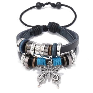 Retro multi-layer leather bracelet with blue woven rope and silver butterfly charm