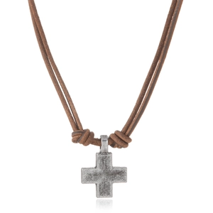 Vintage Handmade Genuine Leather Rope Necklace With Alloy Cross Clover Pendant Retro Adjustable Punk Style For Men Women