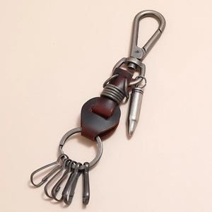 Vintage brown leather keychain with gunmetal carabiner and bullet pendant for men