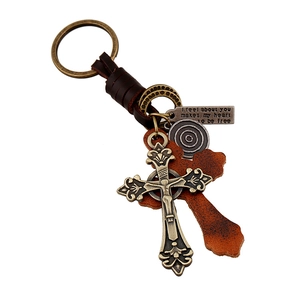 Porte-clés Vintage en Cuir de Vachette Fait à la Main Pendentif Croix Crucifix Jésus Alliage de Bronze Tissé Rétro Bijou