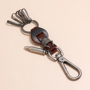 Vintage brown leather keychain with silver hooks and bullet pendant for men's style