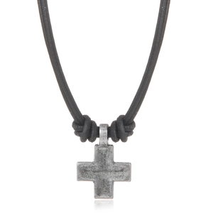 Vintage braided cross pendant on black cord necklace with aged metallic finish for unisex wear