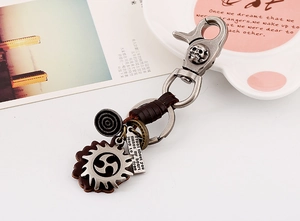 Detail of vintage leather keychain featuring a skull buckle and engraved brass metal plate