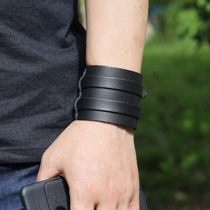 Men's punk double-layer wide genuine leather bracelet with metal buckles in black finish