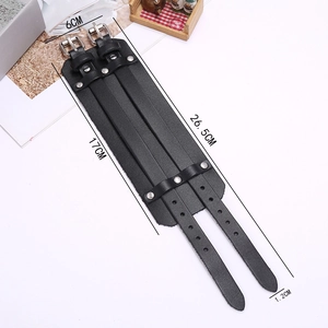 Men's double-layered black punk wide leather bracelet with silver metal buckles