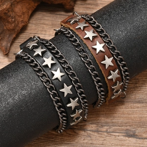 Punk multilayer leather bracelet with silver metal chains and star rivets for men