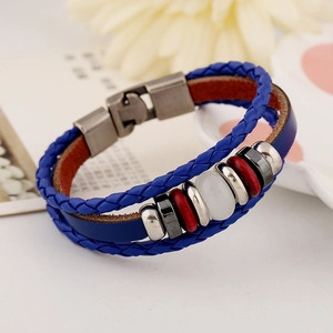 Three-layer blue braided leather bracelet with silver rings, red beads and white stone bead