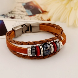 Handmade multilayer leather bracelet with vintage beads and blue stone charm for men