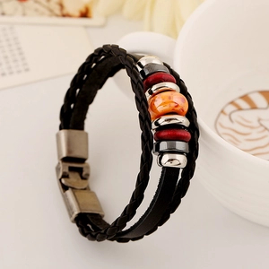 Men's bohemian multilayer braided leather bracelet with vintage beads and magnetic clasp