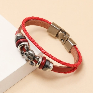 Punk multilayer leather bracelet with red skull charm and vintage metal clasp