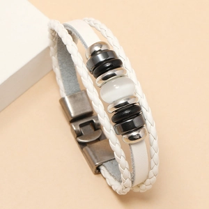 Minimalist multi-layer white braided leather bracelet with cat-eye beads and metal clasp