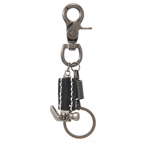 Vintage punk leather keychain with skull hammer pendant and silver lobster clasp