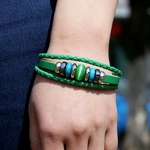 Multilayer green woven leather bracelet with ethnic beads and green gemstone for wrist styling