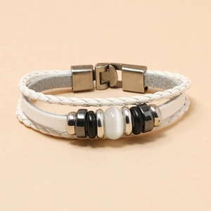 White multi-layer braided leather bracelet with cat eye stone and vintage metal clasp