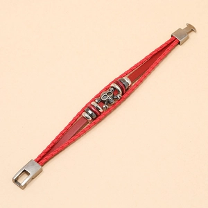 Red braided leather multilayer bracelet with vintage silver skull and metallic beads