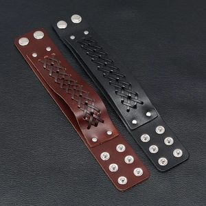 Retro multi-layer wide leather bracelets in black and brown with braided punk details