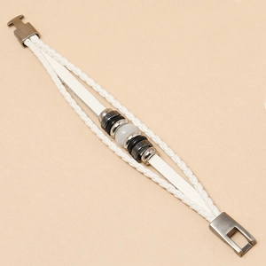Minimalist white multilayer woven leather bracelet with silver metal beads and magnetic clasp