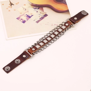 Vintage punk genuine leather bracelet featuring silver square rivets and metal chains