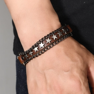 Punk vintage multilayer leather bracelet with silver stars and chains for men