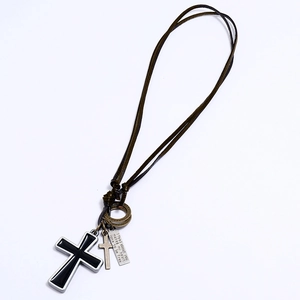 Vintage leather necklace for men with cross pendants and engraved metal quote plaque